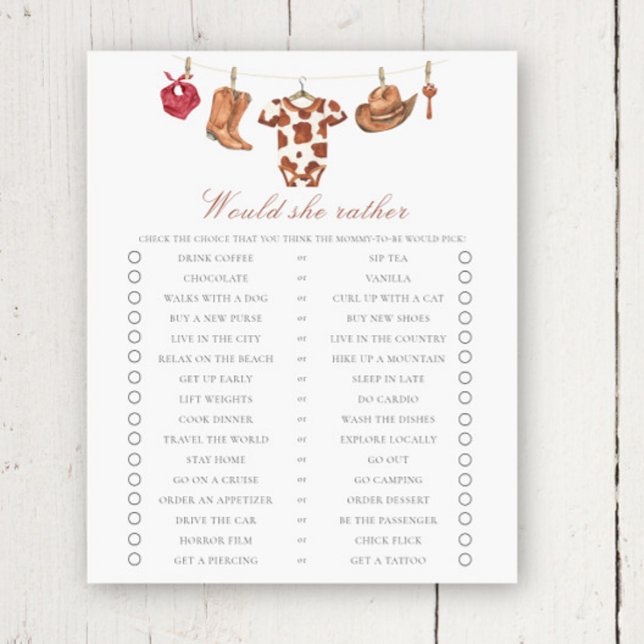 Cowboy baby shower Would she rather (Creator heeft geüpload)