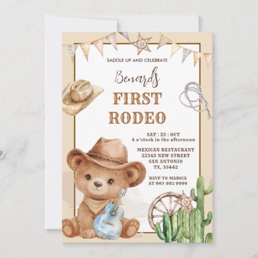 Cowboy Bear Western First Rodeo Birthday Kaart (Voorkant)