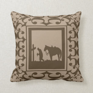 Cowboy bidden met paard bij cross-Western douane Kussen