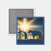 Cowboy bidden met paard bij kruisje magneet (Voorkant / Achterkant)