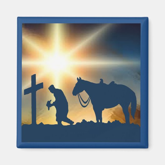 Cowboy bidden met paard bij kruisje magneet (Voorkant)