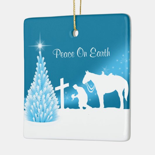 Cowboy bidden winter scène douane keramisch ornament (Links)