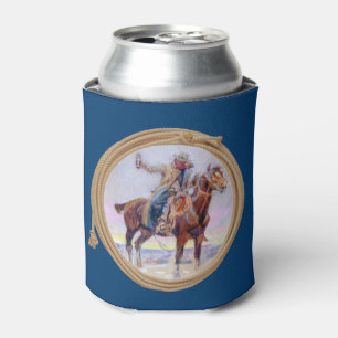 Cowboy bij paarden die een toast maken blikjeskoeler