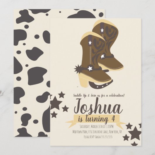 Cowboy Birthday Koe Print Brown Beige Invitation Kaart (Voorkant / Achterkant)