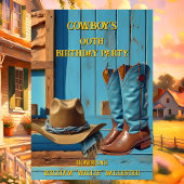 Cowboy Birthday Party Barn Boots Hat blue brown Kaart