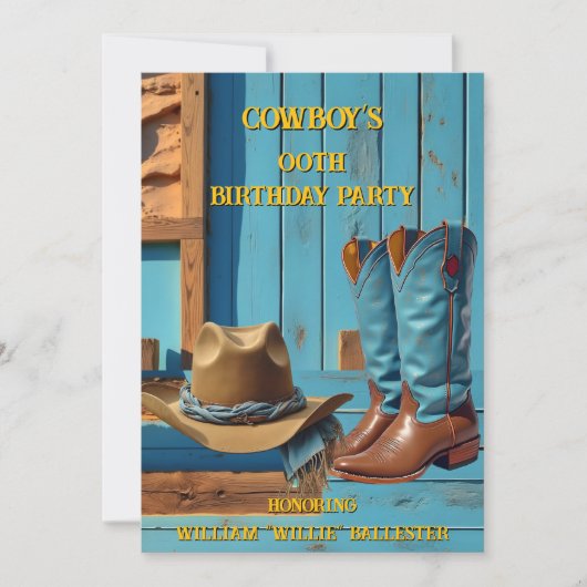 Cowboy Birthday Party Barn Boots Hat blue brown Kaart (Voorkant)