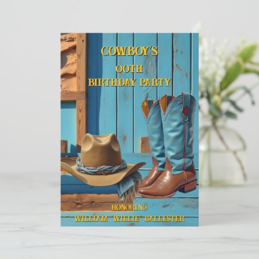 Cowboy Birthday Party Barn Boots Hat blue brown Kaart (Staand voorkant)