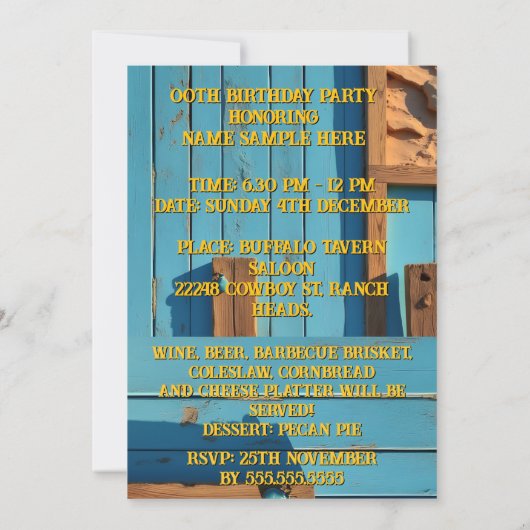 Cowboy Birthday Party Barn Boots Hat blue brown Kaart (Achterkant)