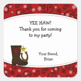 Cowboy Birthday Party Favor Sticker Red Paisley