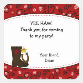Cowboy Birthday Party Favor Sticker Red Paisley