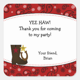 Cowboy Birthday Party Favor Sticker Red Paisley