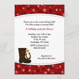 Cowboy Birthday Party Red Paisley boot hoefijzer Kaart