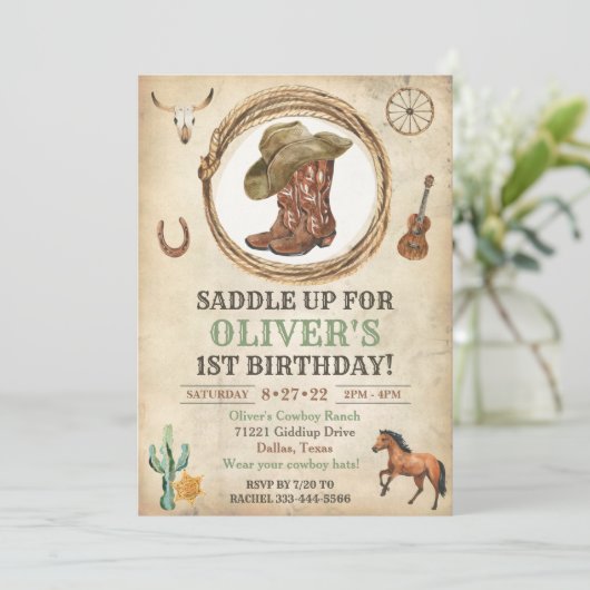 Cowboy Birthday Uitnodiging eerste Rodeo Uitnodigi (Staand voorkant)