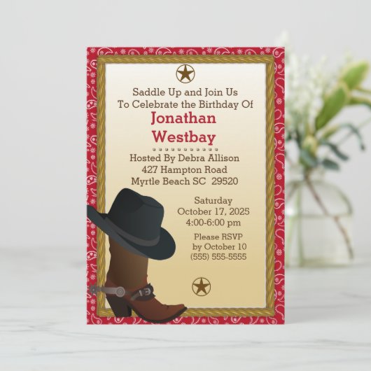 Cowboy Boot and Pet Birthday Uitnodiging (Staand voorkant)