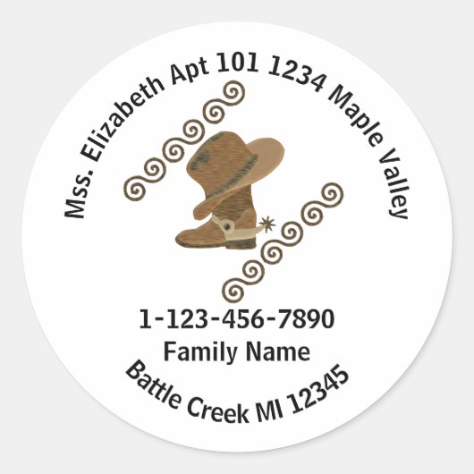 Cowboy Boot and Pet Off Family Home Address Ronde Sticker (Voorkant)