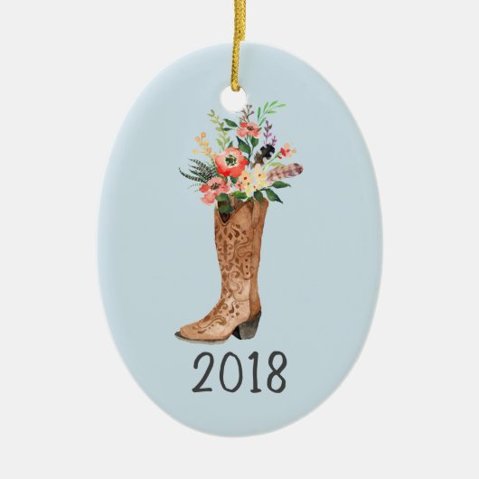 Cowboy Boot Bouquet Keepslag Jaar Keramisch Ornament (Voorkant)