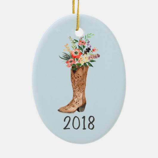 Cowboy Boot Bouquet Keepslag Jaar Keramisch Ornament (Achterkant)
