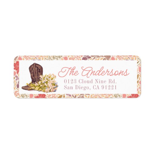 Cowboy Boot & Bouquet Roze Bloemen Retouradres Etiket (Voorkant)