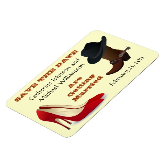 Cowboy Boot en High Heels Bruiloft Save The Date 1 Magneet (Linkerzijde)