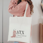 Cowboy Boot gepersonaliseerde Austin Bachelorette  Tote Bag<br><div class="desc">Welkom vrienden op uw vrijgezellenfeest of meisjes weekend met deze schattige gepersonaliseerde canvas tassen. Het ontwerp is voorzien van een stoffige rozen roze cowboylaars geflankeerd door kleine sterretjes, met uw bestemming (weergegeven met ATX voor Austin, Texas) links uitgelijnd in klassieke serif belettering. Voeg hieronder in handgeschreven cursief script jouw namen...</div>