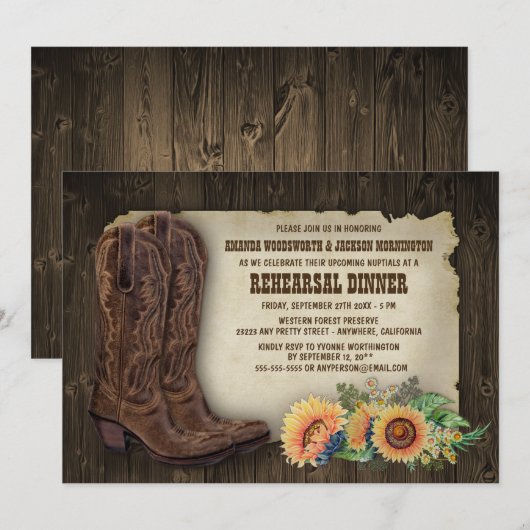 Cowboy Boot Sunflower Rehearsal Dinner Invitations Kaart (Voorkant / Achterkant)