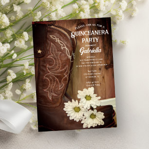 Cowboy Boot White Daisy Western Quinceanera Party Kaart