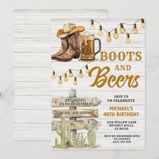 Cowboy Boots & Beers Adult Any Age Verjaardag Hout Kaart (Voorkant / Achterkant)