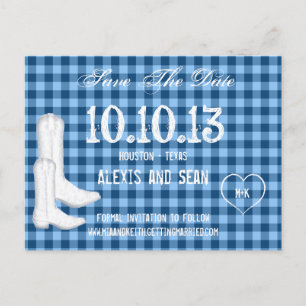 Cowboy Boots Blue Gingham Checkered Save the Date Aankondigingskaart