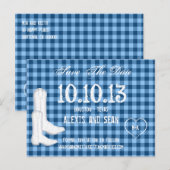 Cowboy Boots Blue Gingham Checkered Save the Date Aankondigingskaart (Voorkant / Achterkant)