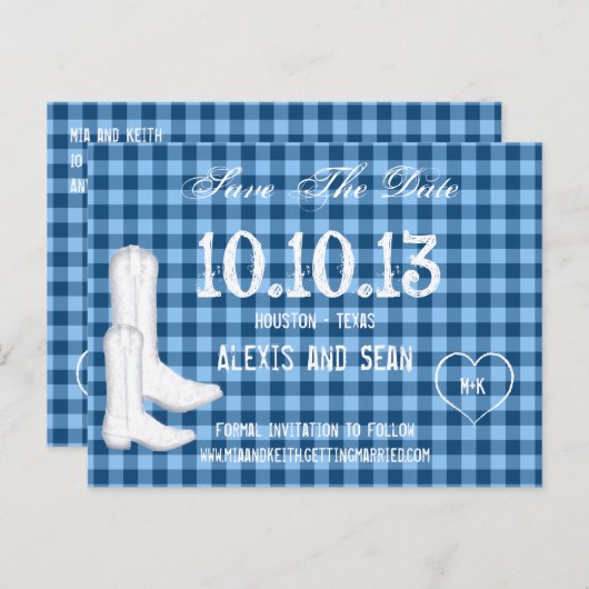 Cowboy Boots Blue Gingham Checkered Save the Date Aankondigingskaart (Voorkant / Achterkant)