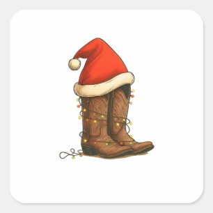 Cowboy Boots Christmas Western Santa Hat Vierkante Sticker