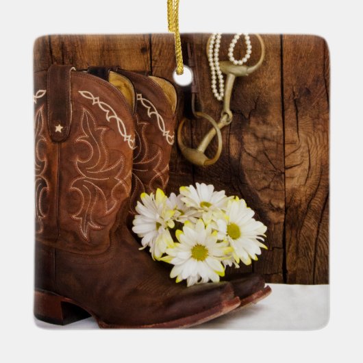 Cowboy Boots, Daisies Horse Bit Country Wedding Keramisch Ornament (Voorkant)