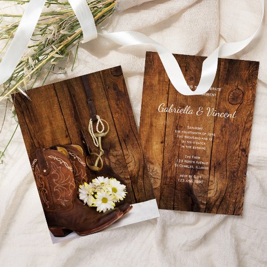 Cowboy Boots Daisies Horse Bit Engagement Party Kaart