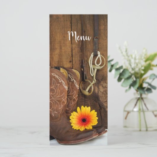 Cowboy Boots, Daisy and Horse Bit Barn Wedding Menu (Staand voorkant)