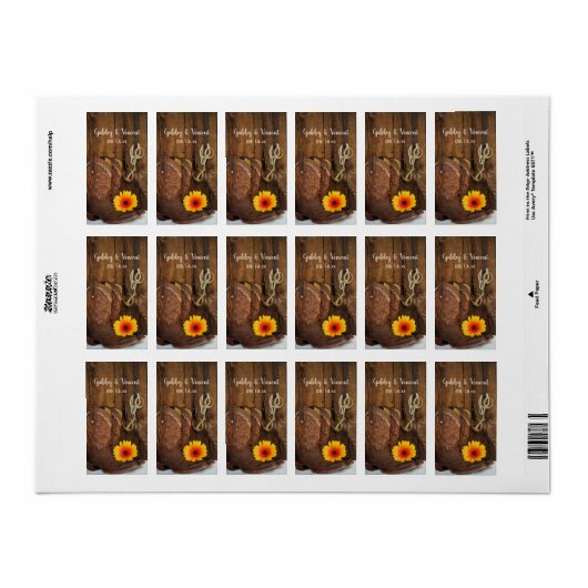 Cowboy Boots, Daisy and Horse Bit Country Wedding Etiket (Full Sheet)