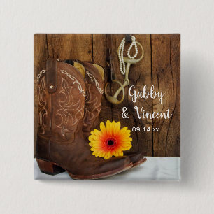 Cowboy Boots, Daisy and Horse Bit Country Wedding Vierkante Button 5,1 Cm