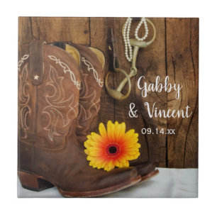 Cowboy Boots, Daisy and Horse Bit Western Wedding Tegeltje