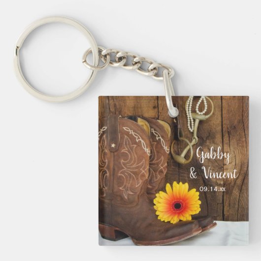 Cowboy Boots, Daisy Horse Bit Country Wedding Sleutelhanger (Voorkant)