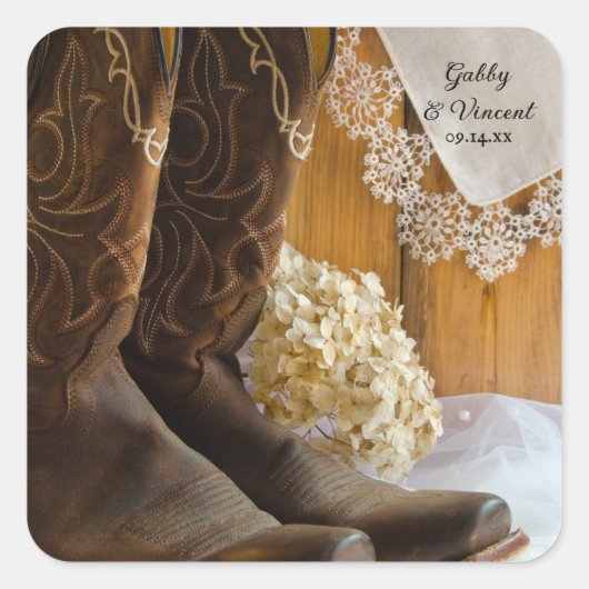 Cowboy Boots en Lace Country Barn Wedding Vierkante Sticker (Voorkant)