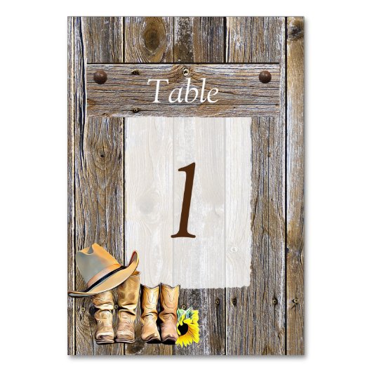 Cowboy Boots en Sunflower Table Number Wedding Kaart (Voorkant)