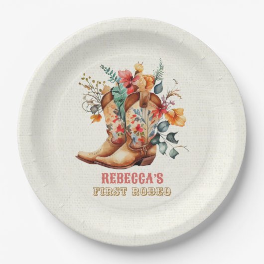 Cowboy Boots First Rodeo Birthday Paper Borden Papieren Bordje (Voorkant)