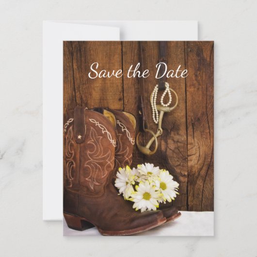 Cowboy Boots Horse Bit Daisies Barn Save the Date (Voorkant)