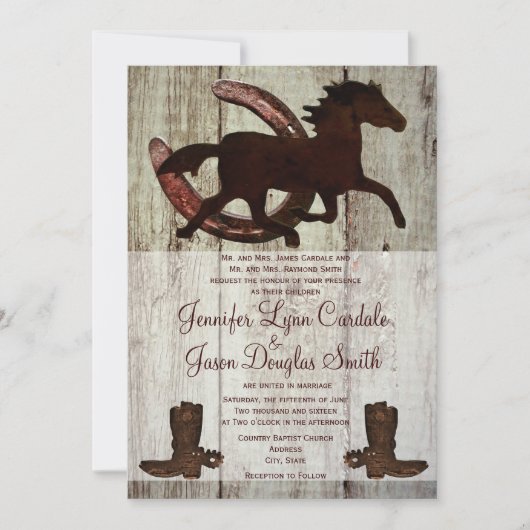 Cowboy Boots Horse Hoefijzer Wedding Invitations Kaart (Voorkant)
