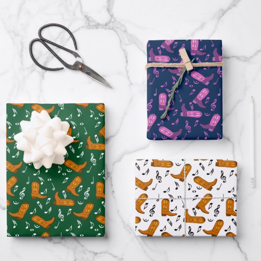 Cowboy Boots Muzieknoten Inpakpapier Vel (Voorkant)