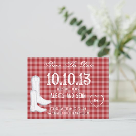 Cowboy Boots Red Checkered Gingham Aankondigingskaart (Staand voorkant)