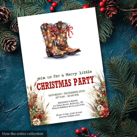 Cowboy Boots Red Green Christmas Invitation Kaart