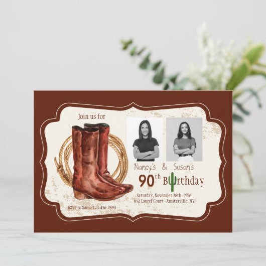 Cowboy Boots Two Photo Birthday Party Invitation Kaart (Staand voorkant)