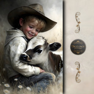 Cowboy Boy Knuffelt Kalf Decoupage Tissuepapier
