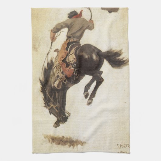  Cowboy, Bronco Buster-onderzoek door NC Wyeth Theedoek (Verticaal)