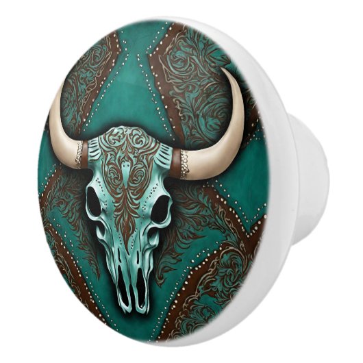 Cowboy Brown Turquoise Westerne Country Bull SKull Keramische Knop (Rechts)